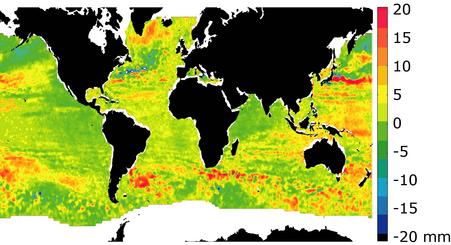 Zeespiegelstijging in mm per jaar tussen 1993 en 2004 zoals gemeten door satellieten. Bron: Leuliette et al., Marine Geodesy, 2004. Zeespiegelstijging in mm per jaar tussen 1993 en 2004 zoals gemeten door satellieten. Bron: Leuliette et al., Marine Geodesy, 2004.